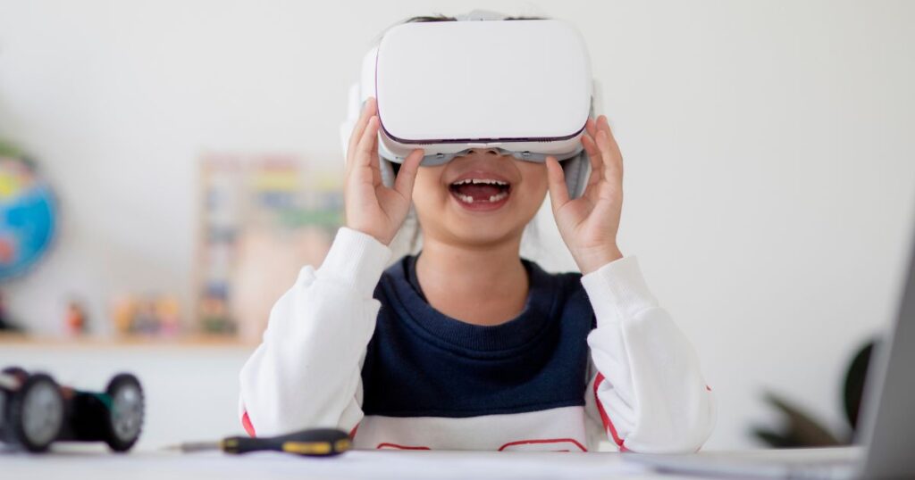 a little kid with a VR headset, smiling and having fun